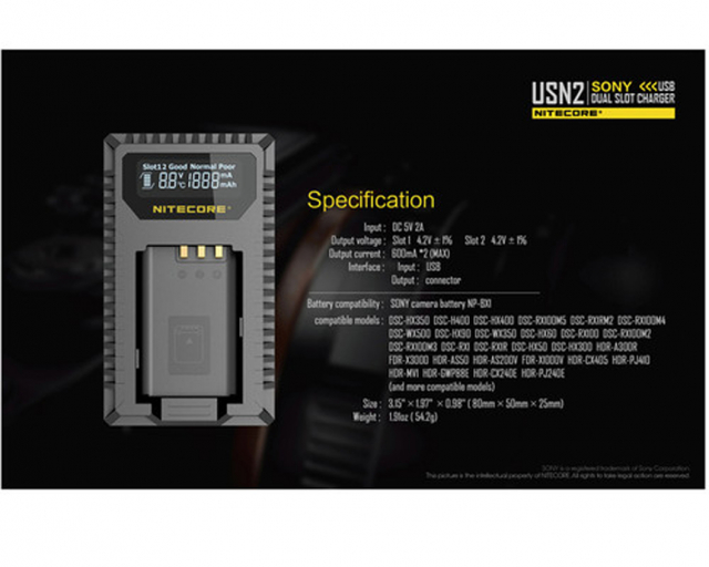 Nitecore Chargeur de batterie Nitecore USN2 x Sony NP-BX1