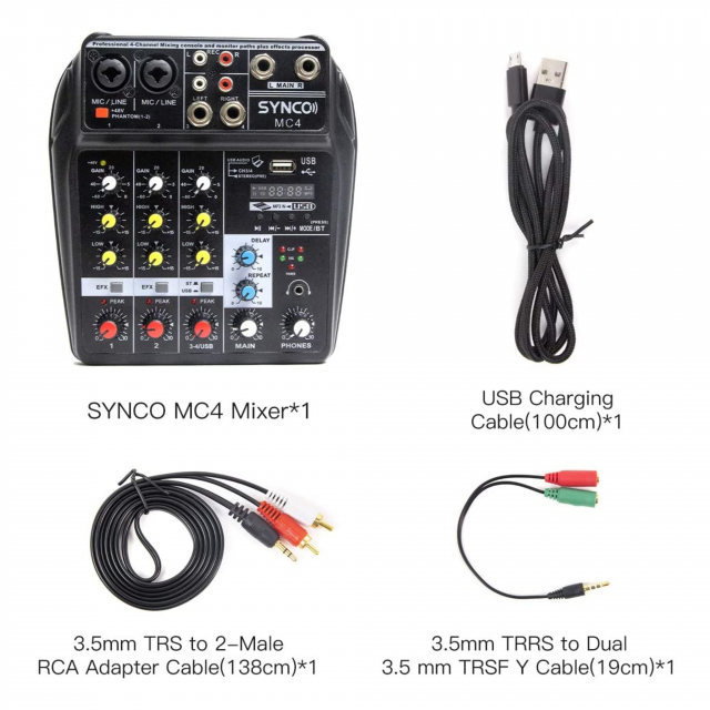 Synco SYNCO MIXER AUDIO 4 CANALI (2xXLR/JACK MONO+STEREO JACK/RCA/USB IN) CON FX E EQ E CON ALIMENTAZIONE