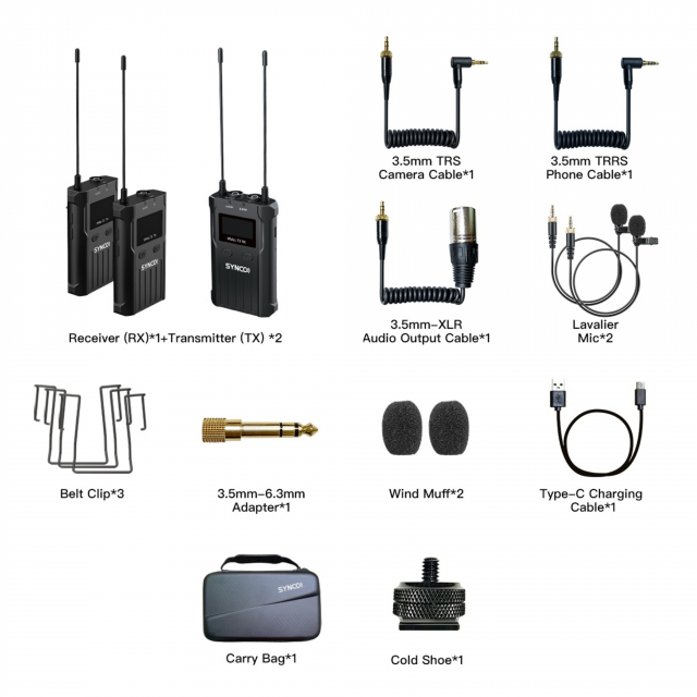 Synco SYNCO T3 SISTEMA WIRELESS UHF 180MT PROFESSIONALE OMNIDIREZIONALE A LAVALIER BATT. INTEGRATA - 2 TRASMETTITORI + 1 RICEVITORE