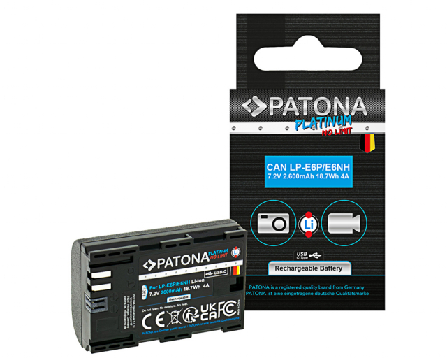 Patona Patona Platinum LP-E6P per Canon Eos R5 mark II 2600mAh 7,2V 6A Contin Disch. 8K ready