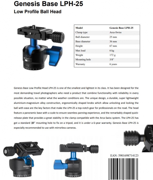 Genesis Genesis - Base LPH-25 Low Profile Ball Head